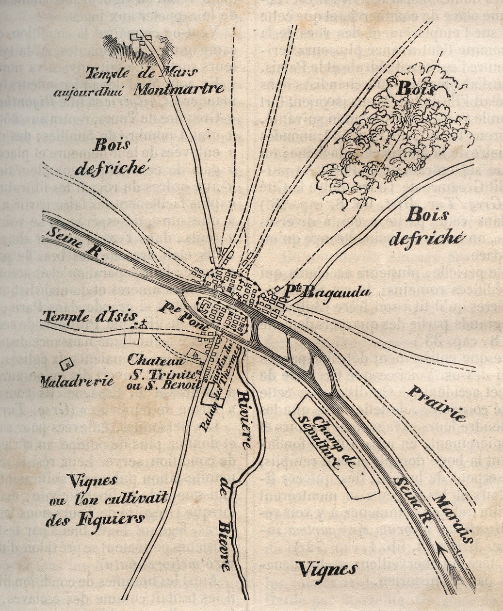 Plan of Paris under the Merovingians - Engraving in “” Physical, civil and moral history of Paris: from the earliest historical times to the present day” by Jacques Antoine Dulaure av French School