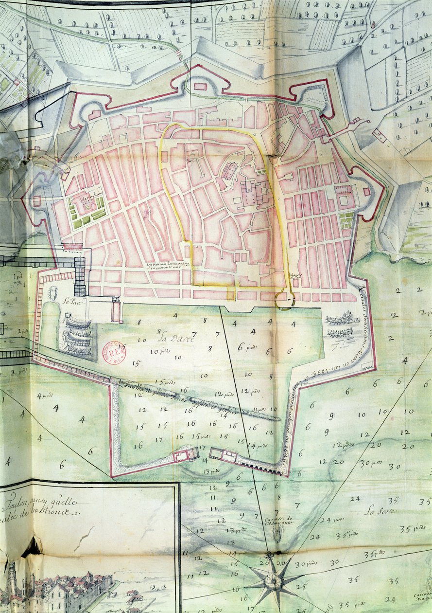 Plan av Toulon, 1669 (penn og blekk og wc på papir) av French School