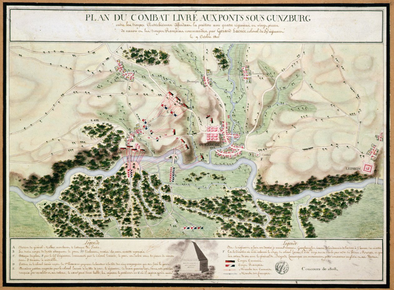 Plan over begivenheter i slaget ved Gunzburg mellom østerrikske og franske tropper i 1805, 1808 av French School
