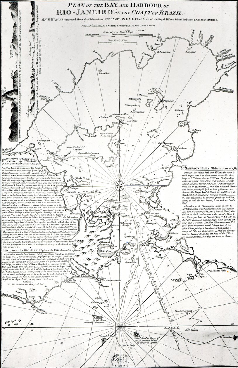 Plan over bukten og havnen i Rio de Janeiro på kysten av Brasil, 1794 av French School
