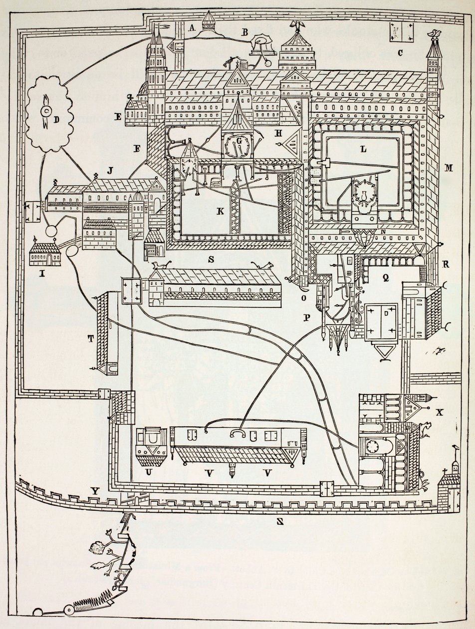 Plan over benediktinerklosteret i Canterbury på 1100-tallet, fra militært og religiøst liv i middelalderen av Paul Lacroix, publisert i London ca. 1880 av French School