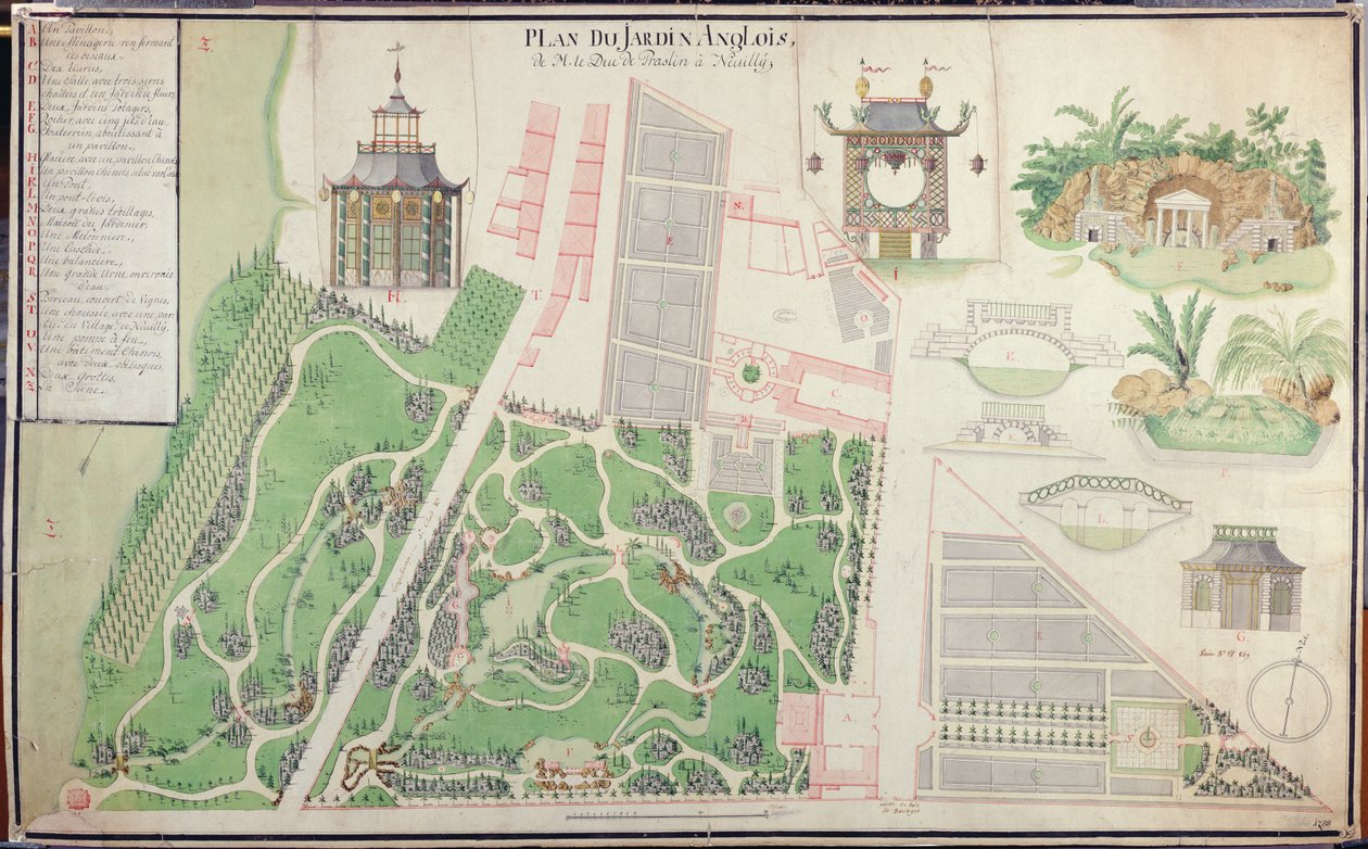 Plan over den engelske landskapshagen til hertugen av Praslin i Neuilly-sur-Seine, 1788 (penn og blekk og wc på papir) av French School