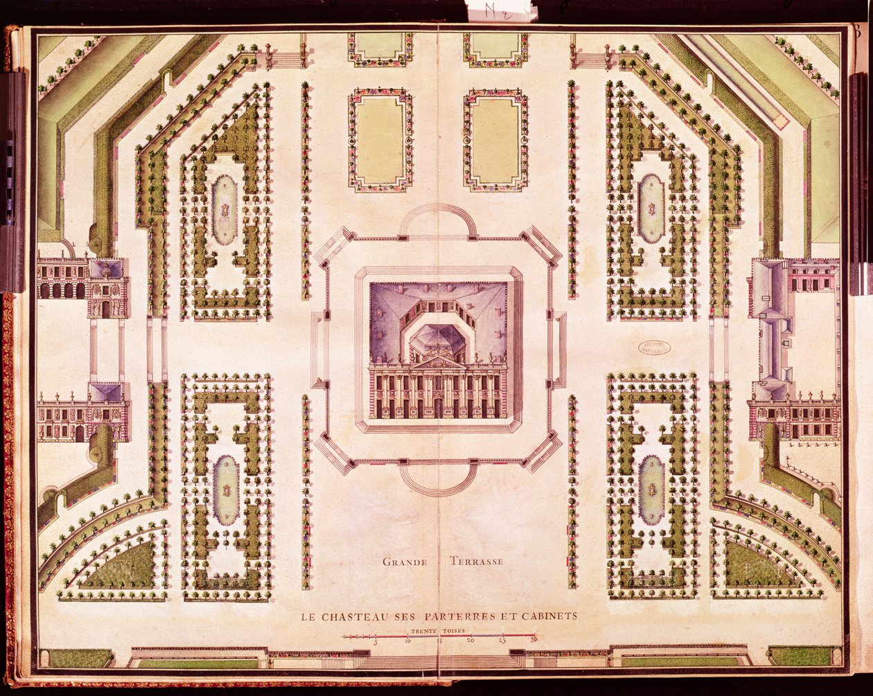 Plan over den store terrassen til Chateau de Marly, 1714 av French School