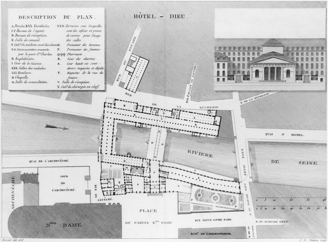 Kart over Hotel-Dieu, Paris, illustrasjon fra Description des Hopitaux de Paris, gravert av Jacques Etienne Thierry (1750-1832) etter Bessat, 1808 av French School