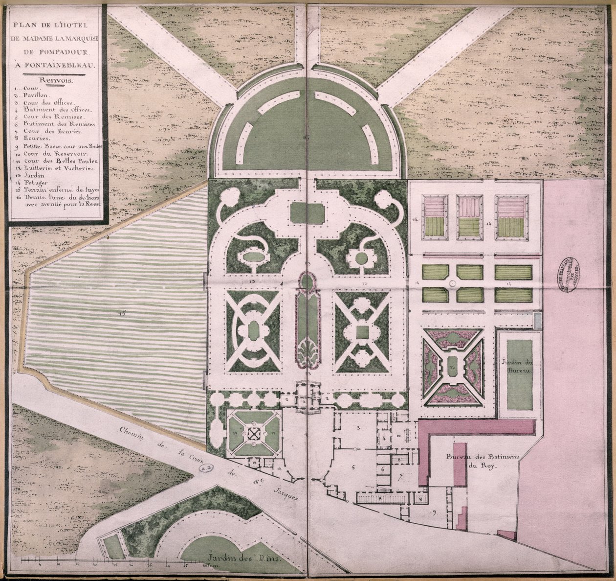 Plan over hotellet til Madame de Pompadour i Fontainebleau (fargegravering) av French School
