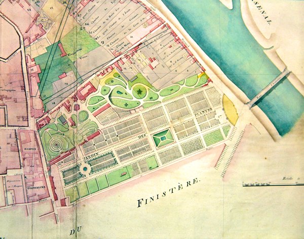 Plan over Jardin des Plantes i Paris under imperiet (blekk og akvarell på papir) av French School