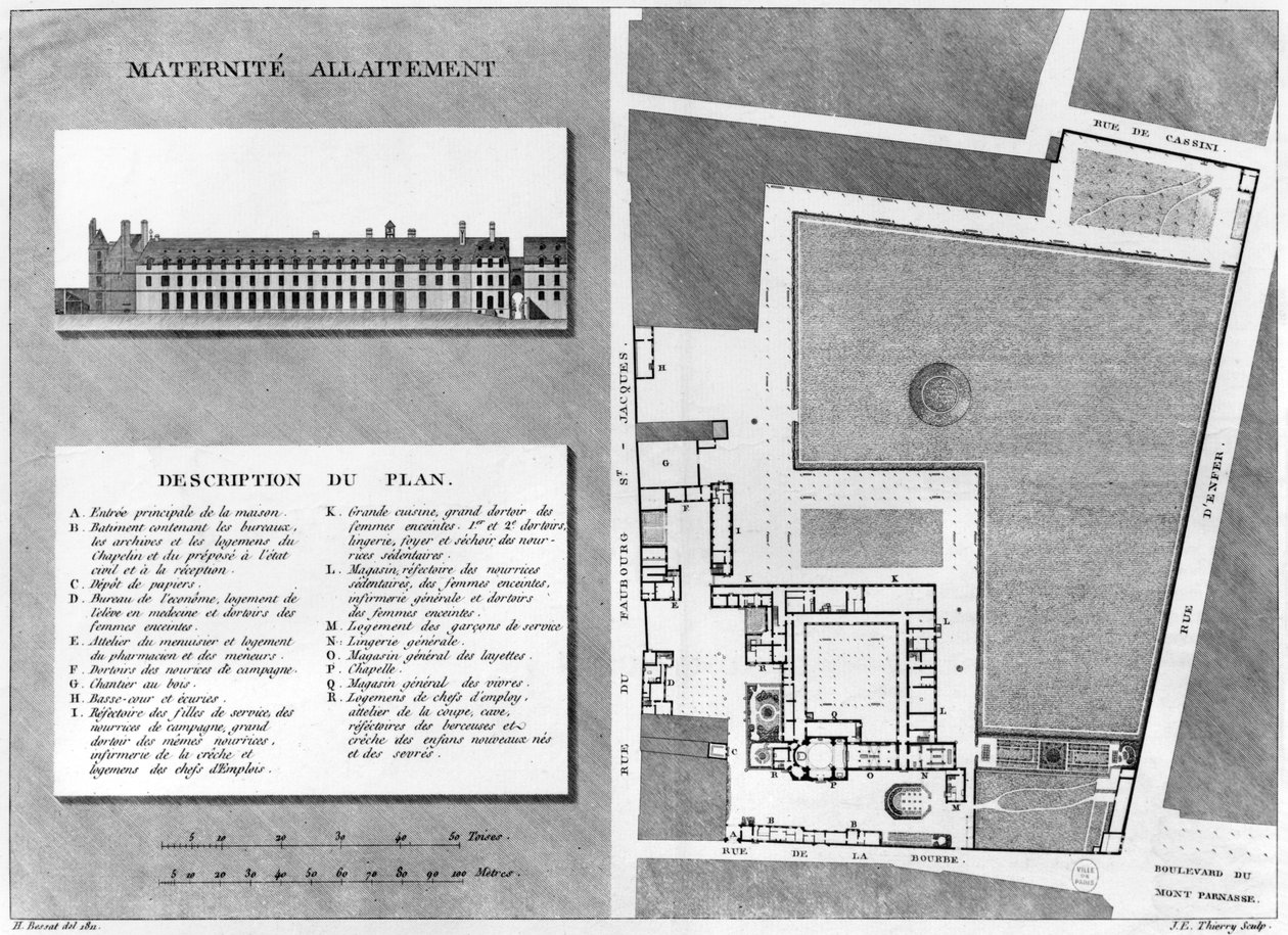 Plan of the Maternite Port-Royal, gravert av Jacques Etienne Thierry (1750-1832) etter H. Bessat, 1811 av French School