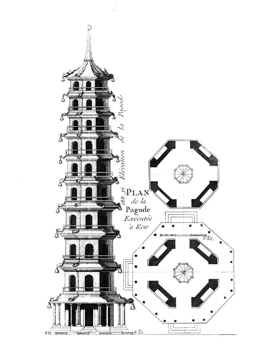 Plan of the Pagoda at Kew, fra Jardins Anglo-Chinois a la Mode, av George Louis le Rouge, publisert ca. 1776-88 av French School
