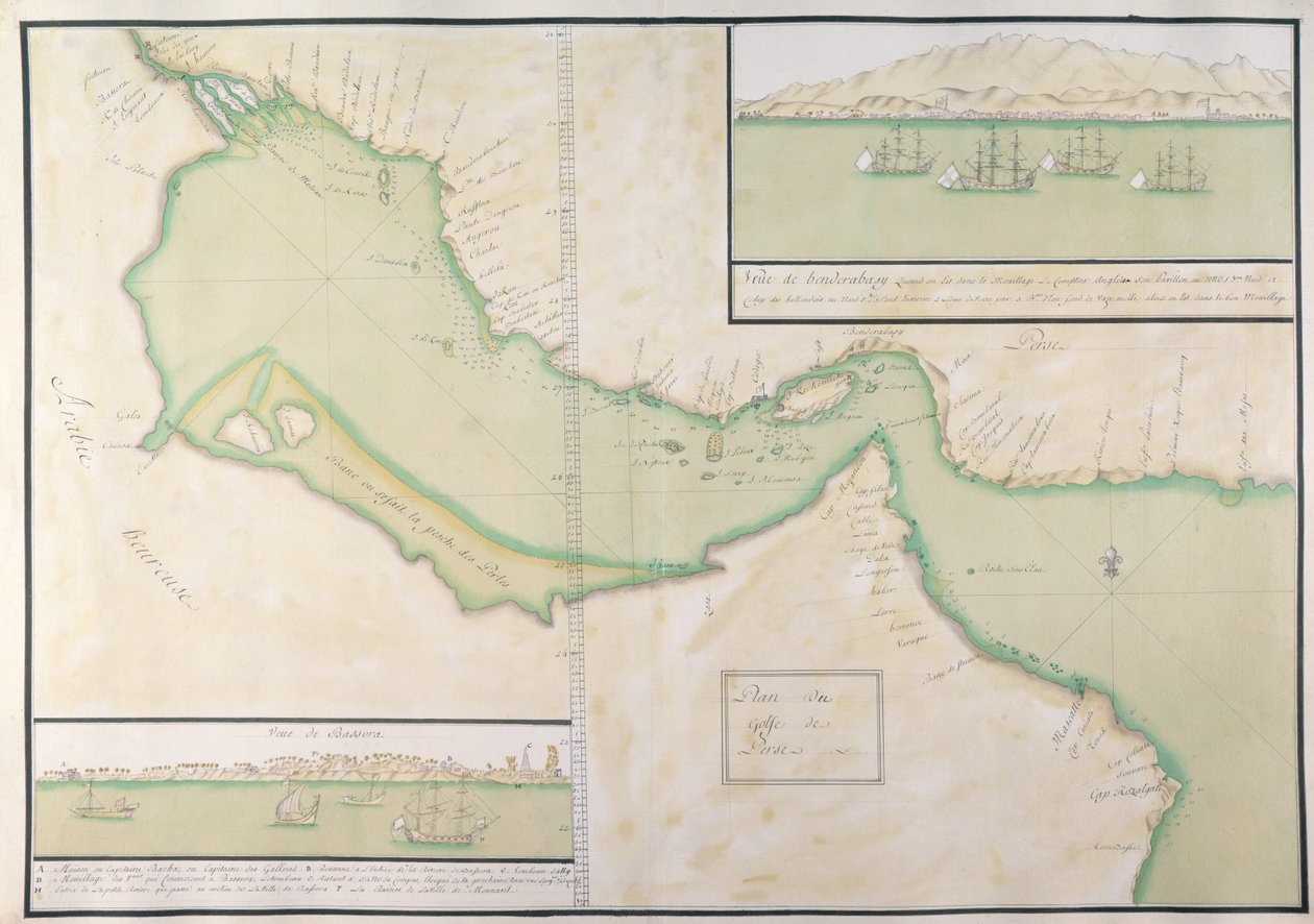 Plan over Persiabukta (håndfarget gravering) av French School