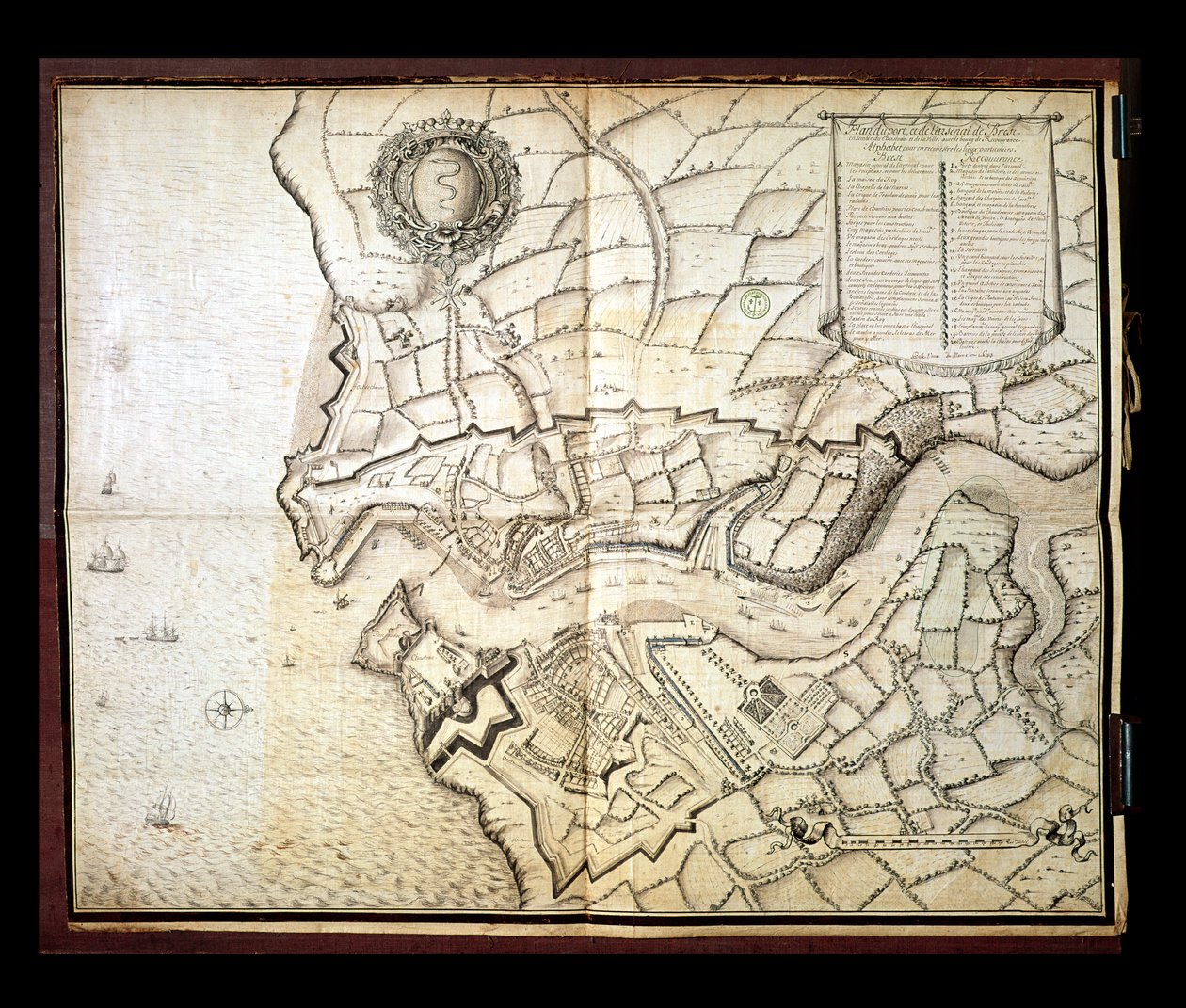 Plan over havnen og arsenalet i Brest, 1676 (penn og blekk og wc på papir) av French School