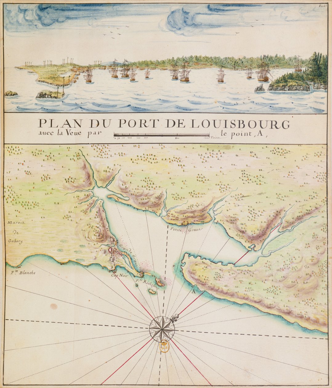 Plan over havnen i Louisbourg (wc på papir) av French School