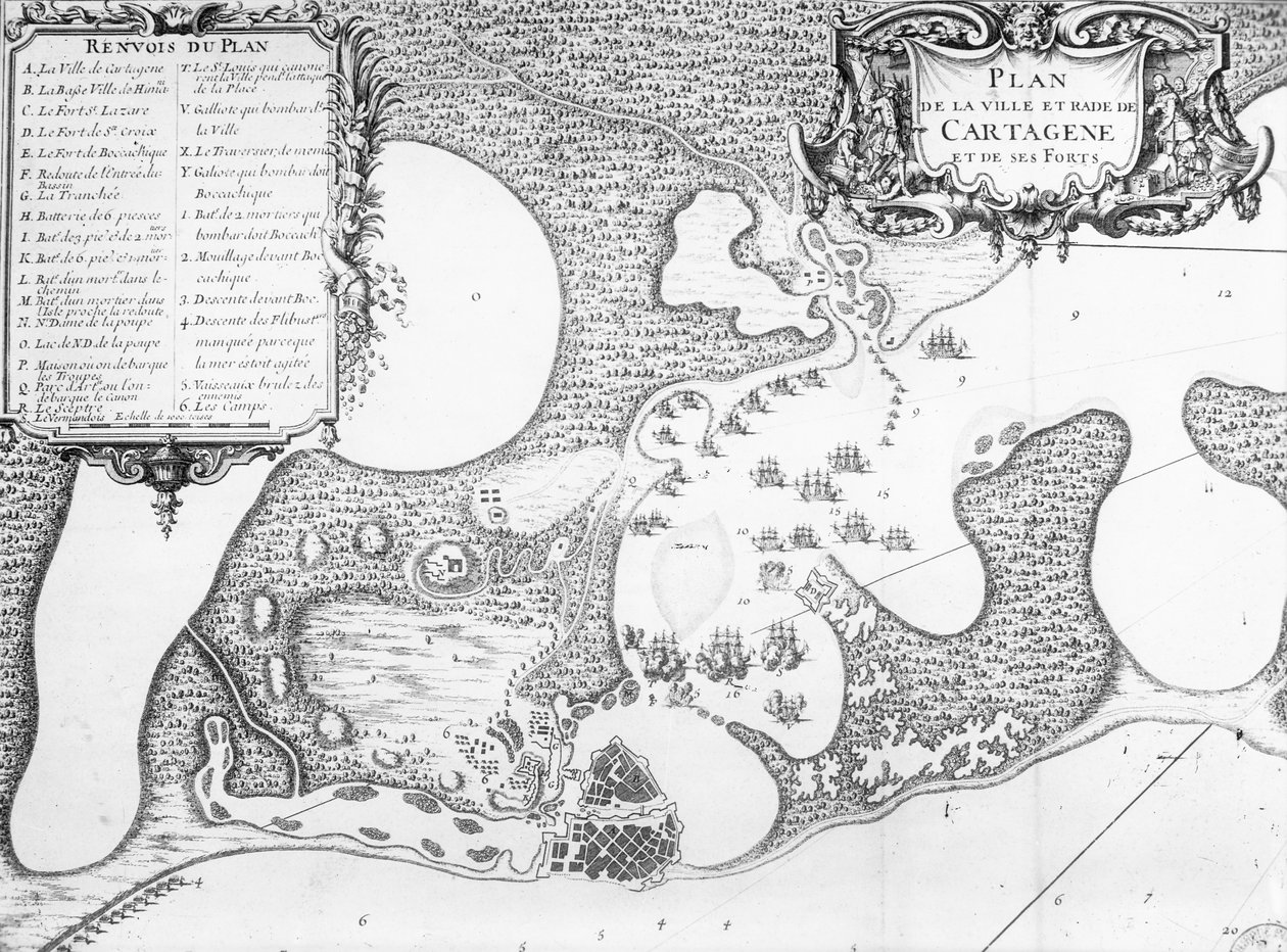 Plan for byen og havnen i Cartagena, Colombia, i 1697 av French School