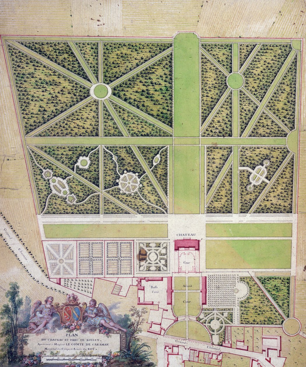 Plan over slottet og parken ved Roissy, tilhørende Comte de Caraman (penn og blekk & wc på papir) av French School
