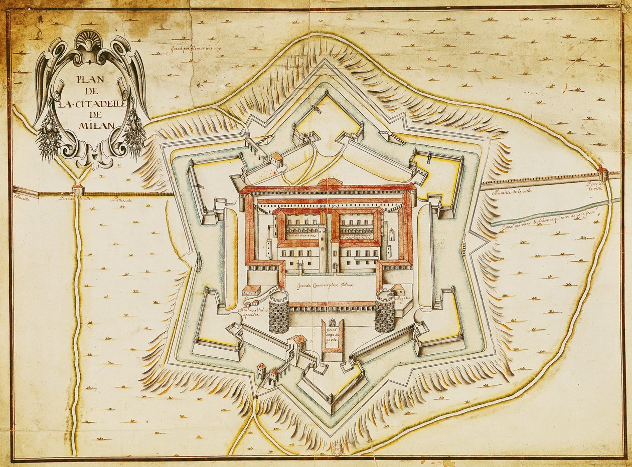 Plan over citadellet i Milano (penn og blekk og wc på papir) av French School