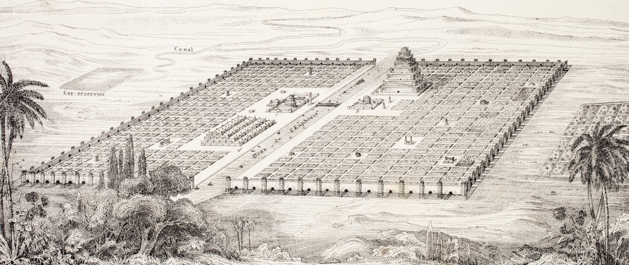 Plan over byen Babylon, Mesopotamia, rundt 500-tallet f.Kr. i henhold til en beskrivelse gitt av Herodot, fra L'Histoire Universelle Ancienne et Moderne, utgitt i Strasbourg ca. 1860 (gravering) av French School