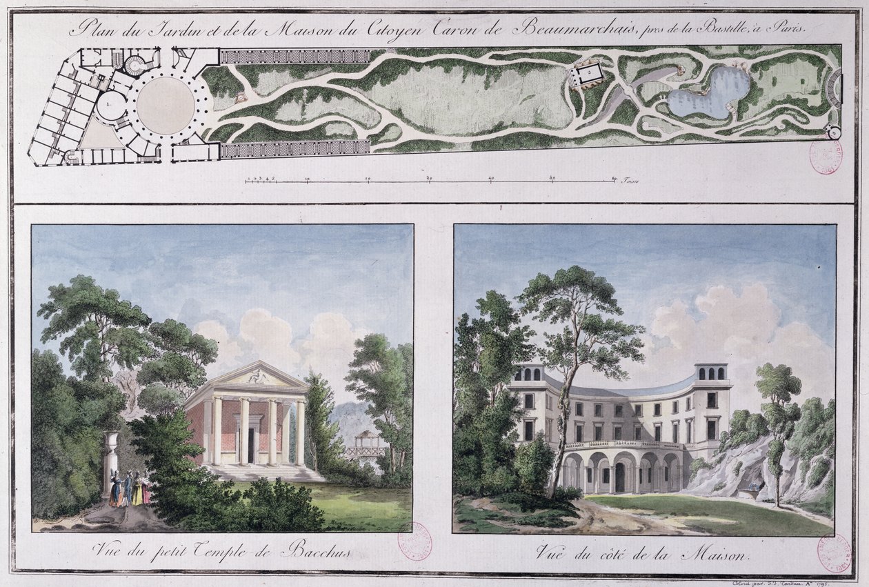 Plan over hagen og huset bygget for Pierre Augustin Caron de Beaumarchais (1732-99) av Lemoine, ca. 1784 av French School