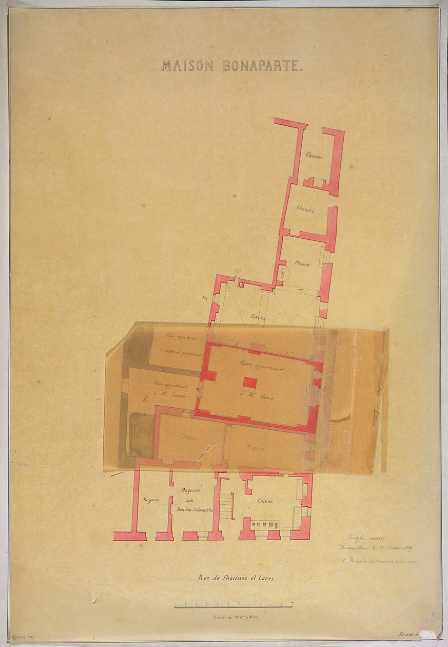 Plan over første etasje og kjellere til huset i Ajaccio, Korsika hvor Napoleon Bonaparte (1769-1821) ble født, 1837 av French School