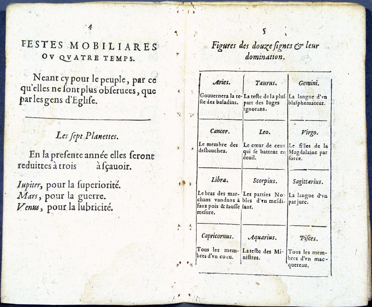 Planeter og astrologiske tegn behandlet humoristisk - i "Almanach pour le temps passe"", av Jean Guerin av French School