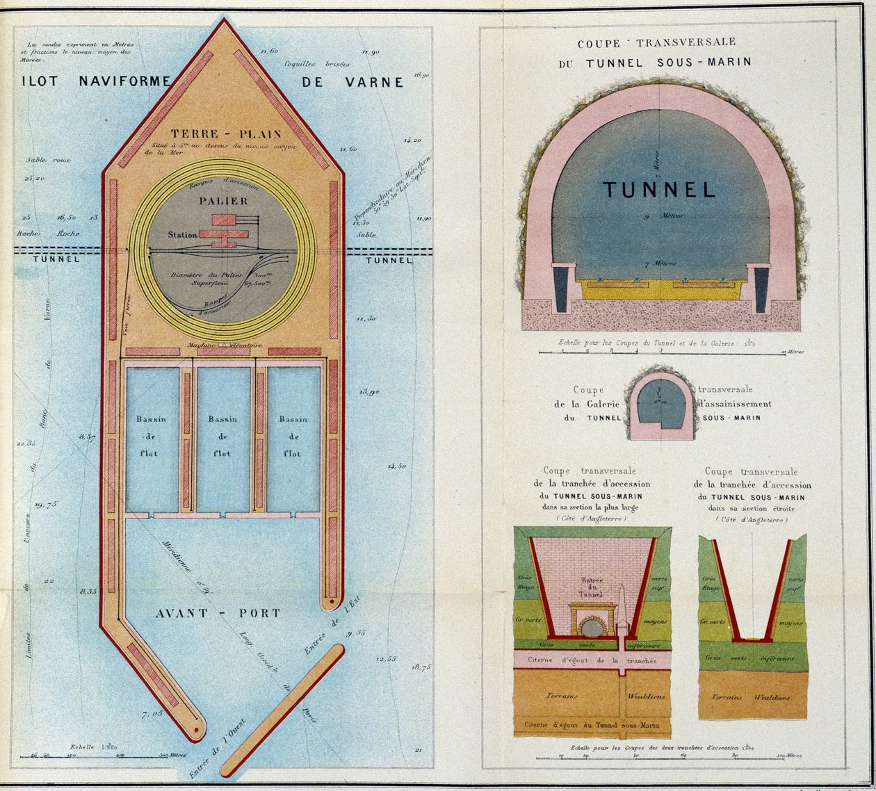 Planer for "" minnet om planene for det nye prosjektet av en undervannstunnel mellom England og Frankrike produsert på verdensutstillingen i 1867"" av M.A. Thomé de Gamond av French School