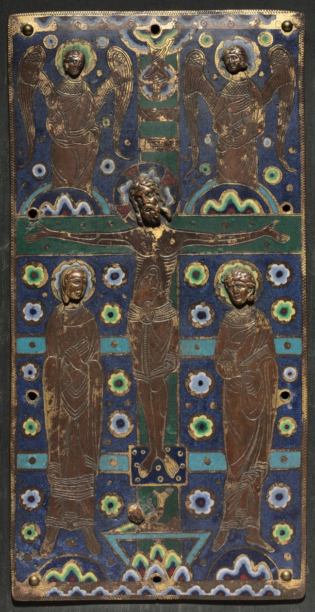 Plaque from a Book Cover with the Crucifixion, early 1200s (copper: gilded, engraved, chased; champlevé enamel; wood core) av French School