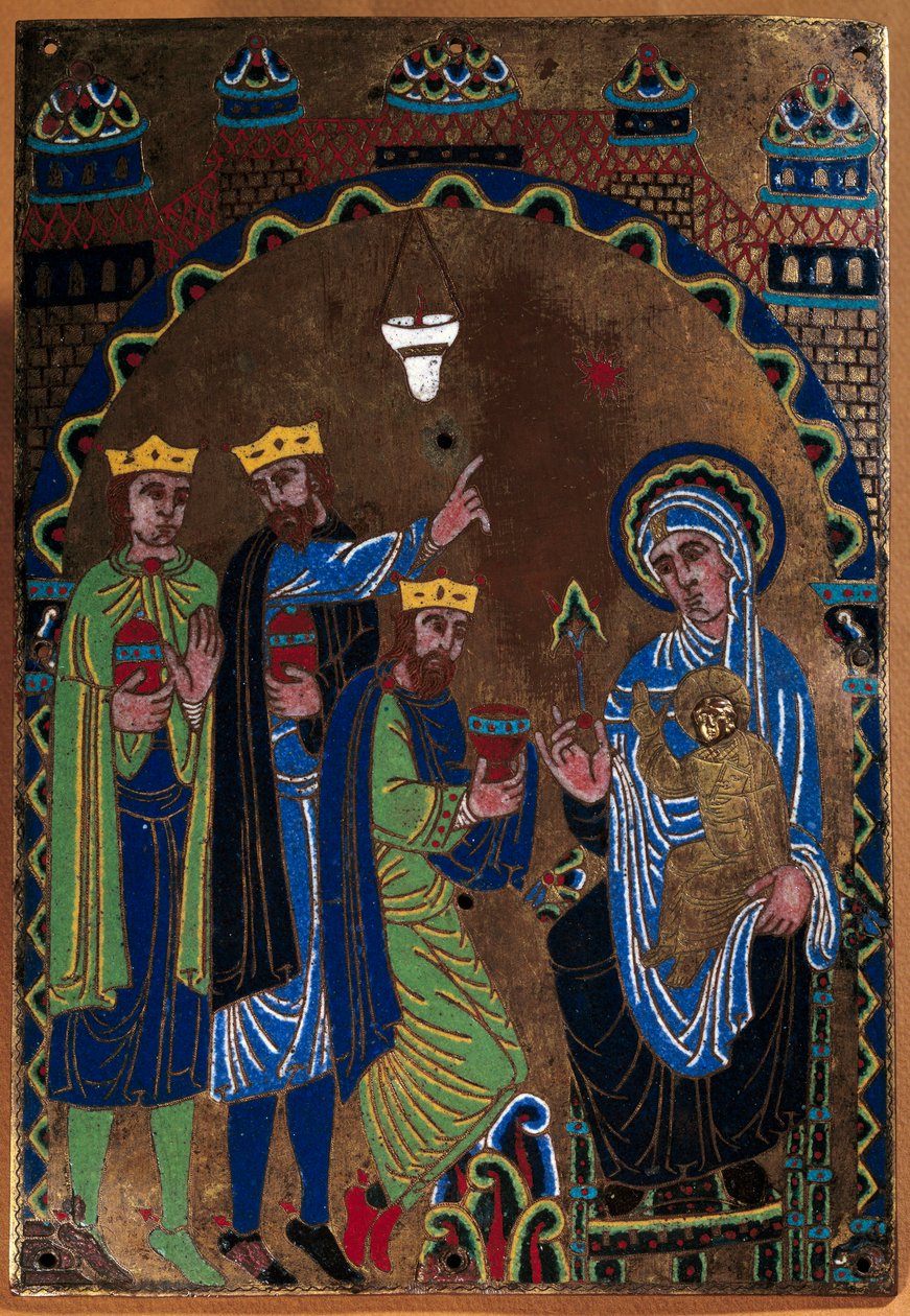 Plakett på hovedalteret til Abbey of Grandmont: Adoration of the Magi. Emalje dore og meisel på kobber. 1275-1300. Fra Limoges. Paris, Nasjonalmuseet for middelalderen, Thermes de Cluny av French School