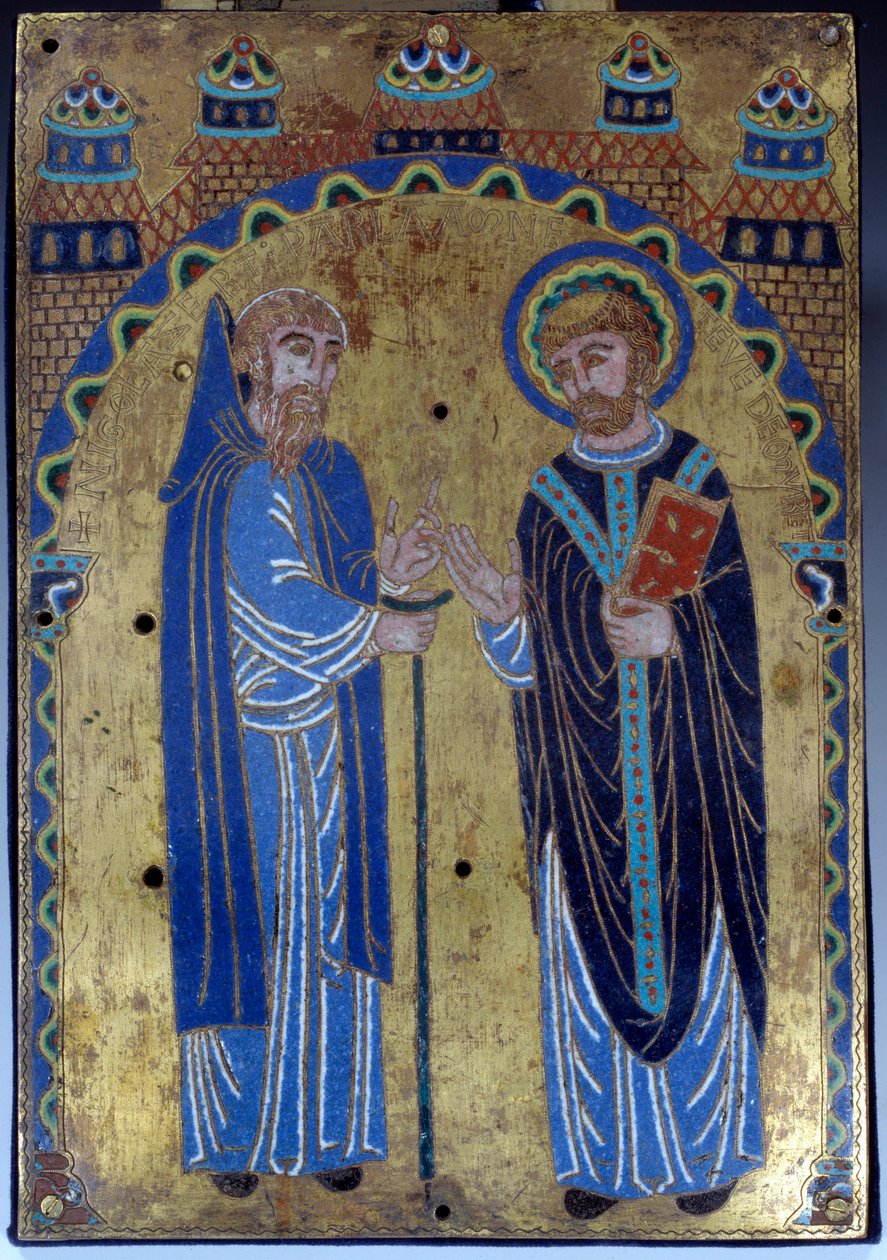 Plakett på hovedalteret til Abbey of Grandmont som representerer Saint Stephen av Muret, grunnlegger av Grandmont-ordenen, med sin foretrukne disippel Hugues Lasert (Lacerta). E-post fra Limoges. 1375-1400. Museum for middelalderen i Cluny, Paris av French School