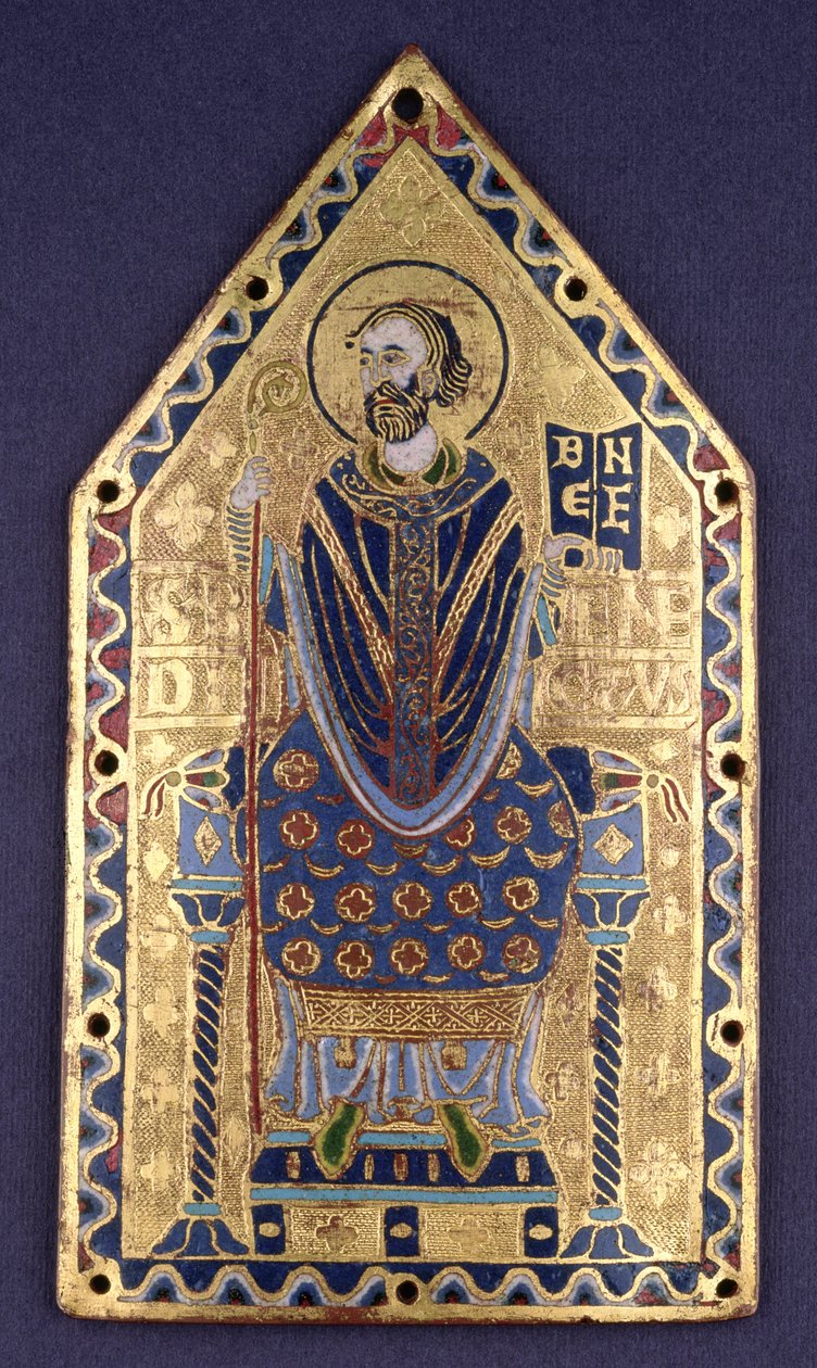 Plakett med bilde av St. Benedict (emalje og kobber) av French School