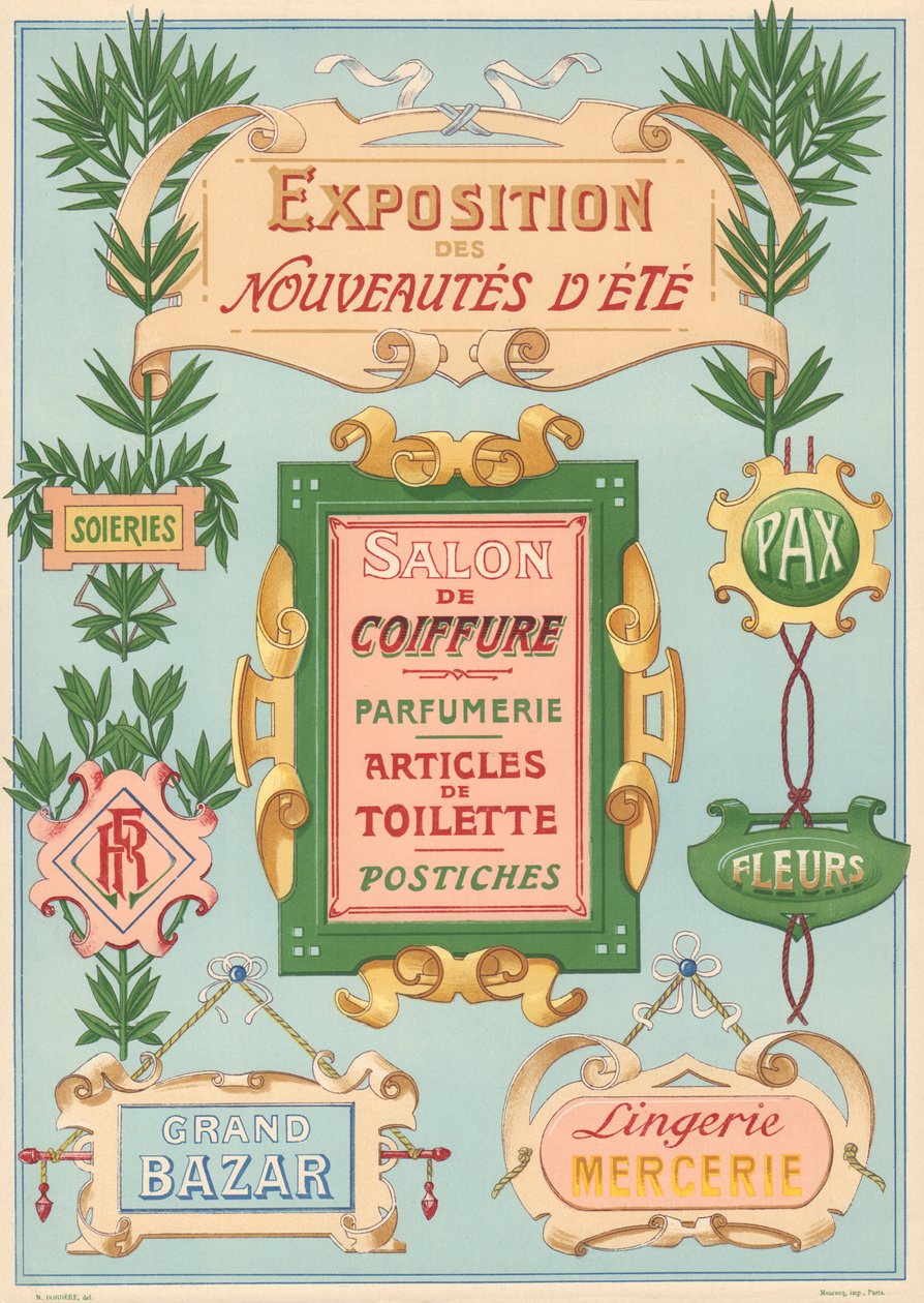 Tavle nr. 17: Skiltmodeller for jugendmaler (utstilling, frisørsalong, basar, sybehør). av French School