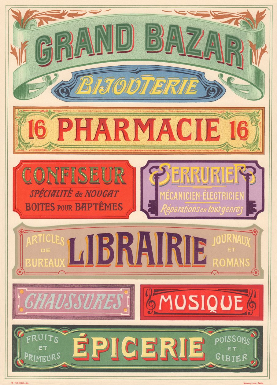 Plate nr. 18: Skiltmodeller for jugendstil bokstavmaler (Grand basar, smykker, apotek, konditor, låsesmed, bokhandel, sko, musikk, dagligvare). av French School