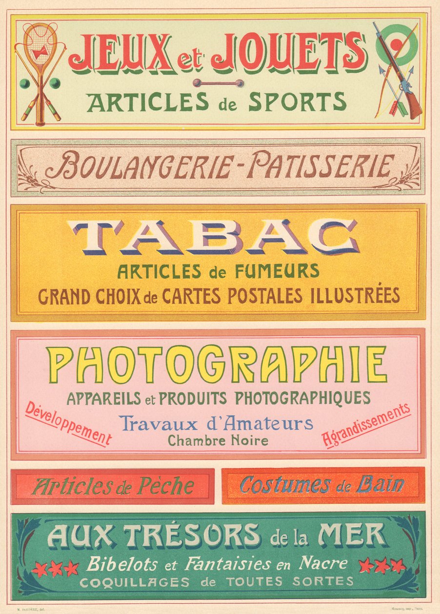 Plate nr. 20: Skiltmodeller for bokstavmaler i jugendstil (Spill og leker, Bakeri-Patisserie, Tobakk, Fotografi). av French School