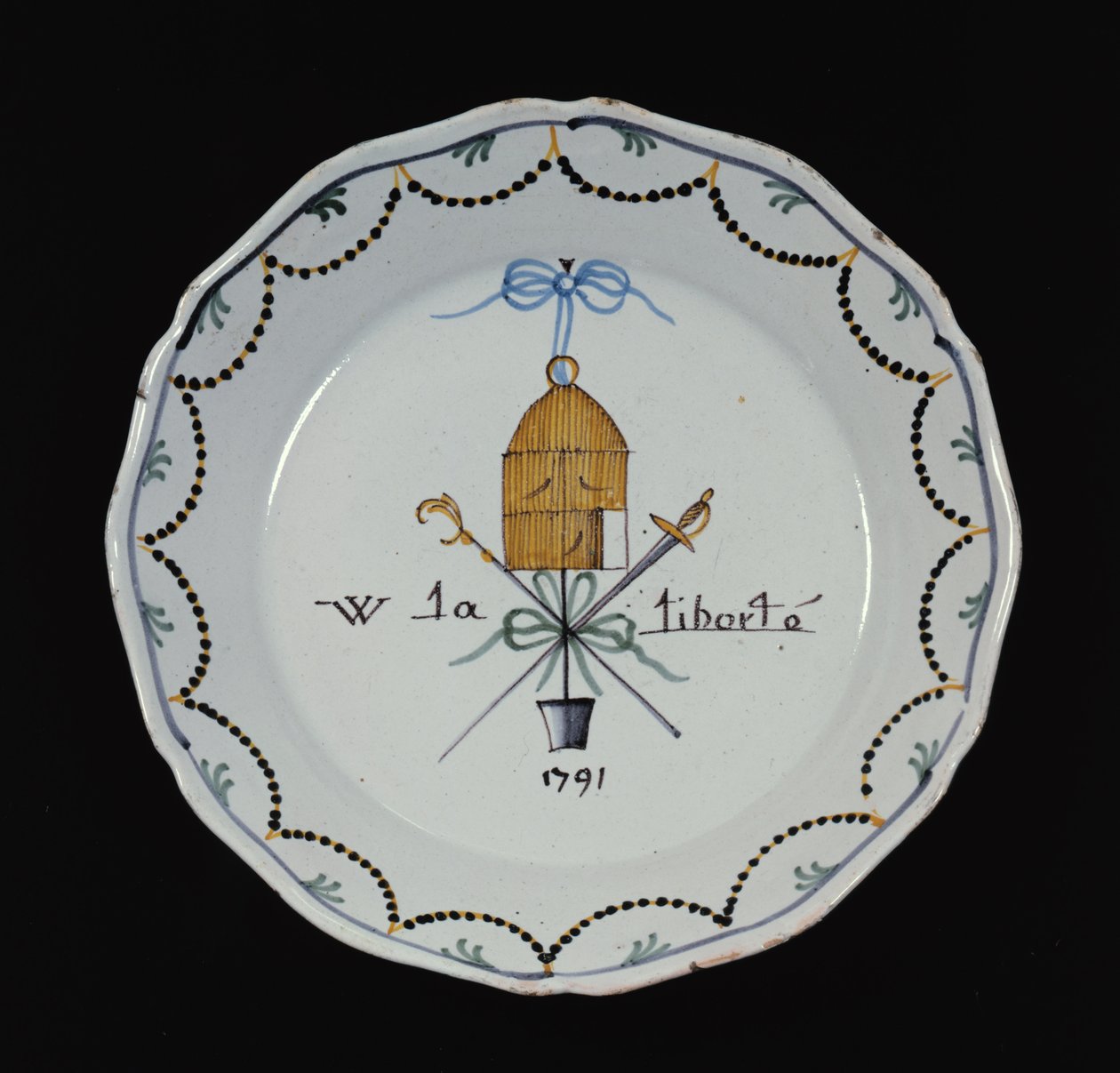 Tallerken med åpent fuglebur og legenden Vive la Liberte, 1791 (keramikk) av French School
