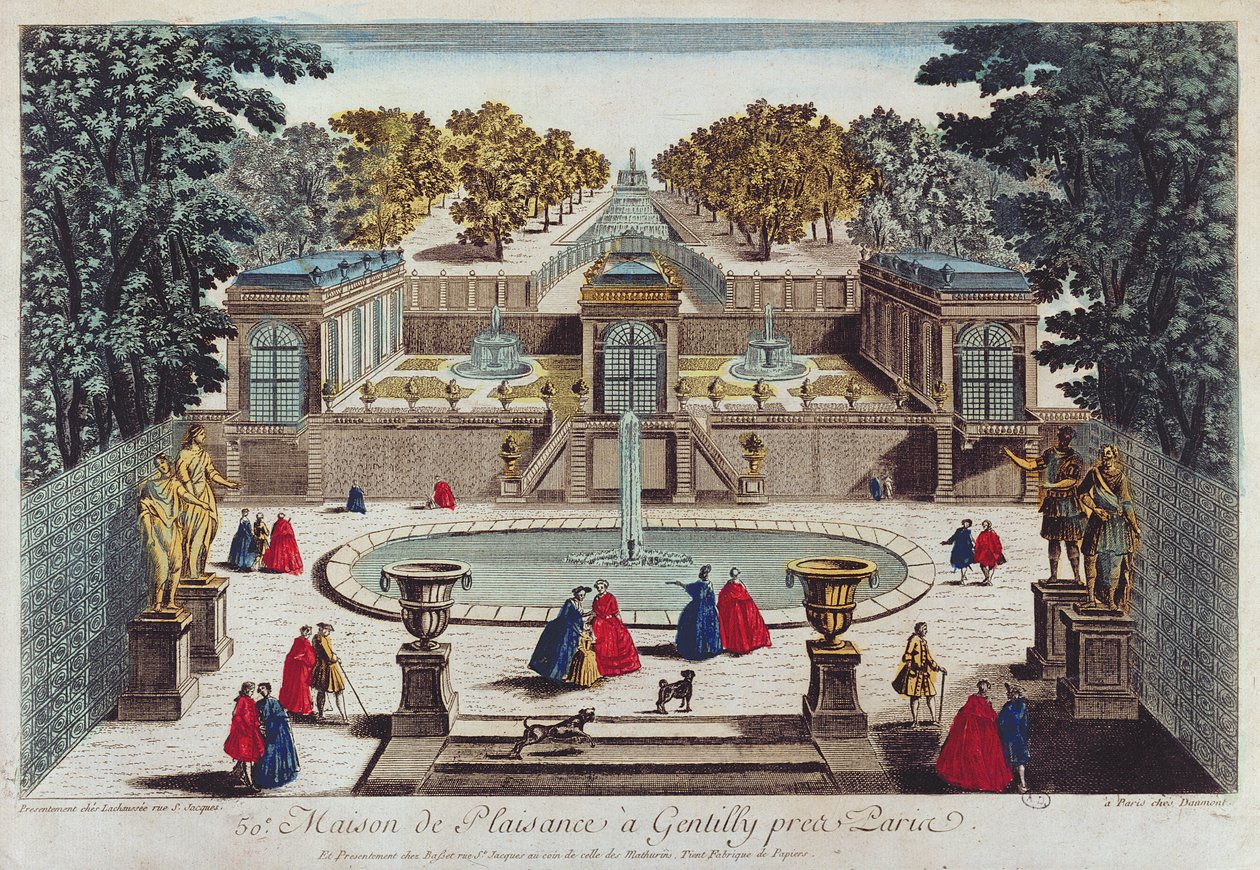 Pleasure Garden på Gentilly nær Paris (fargegravering) av French School
