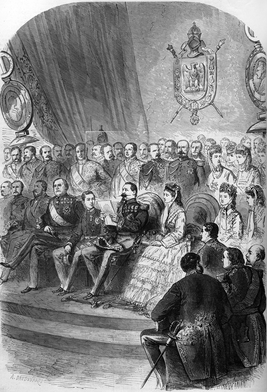 Folkeavstemning av 1870: presentasjon av den offisielle erklæringen om resultatene til Napoleon III (1808-1883). Til stede er også keiseren Eugenie de Montijo (1826-1920), hennes sønn Prince Imperial (1856-1879), prinsessene Mathilde Bonaparte (1820-1904)  av French School