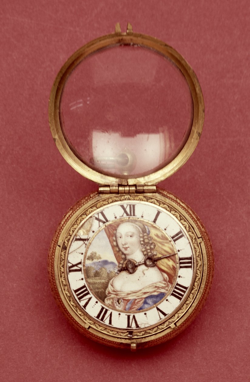 Lommeur med kapittelring i hvit emalje, med et portrett som sies å være av Anne Marie Louise dOrleans, hertuginne av Montpensier (1627-93), av Jean Hubert, ca. 1650 (metallforgylt og emalje) av French School