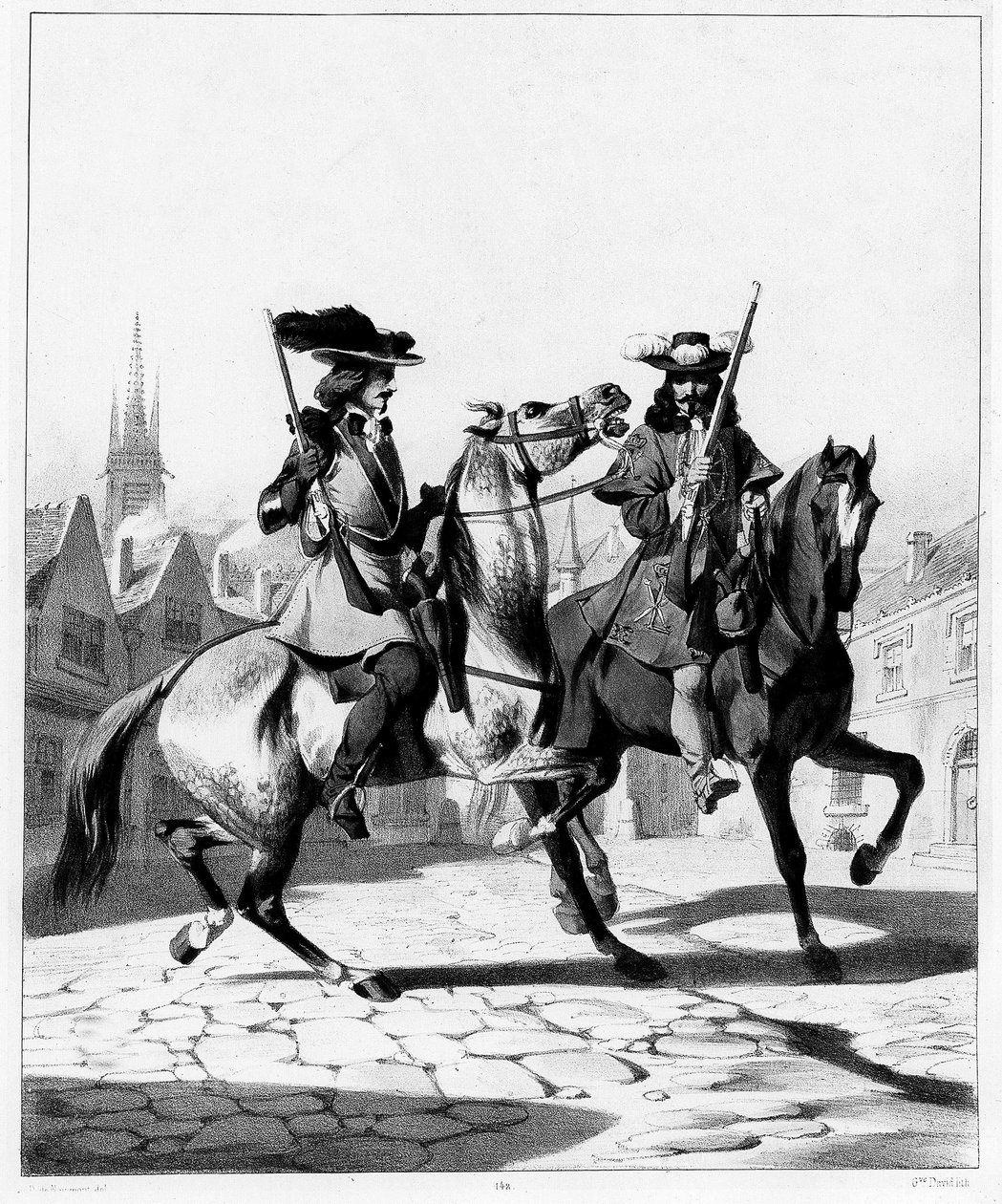 Politistyrke på 1600-tallet: til venstre Bueskytter av provostmarskalken i Ile de France og til høyre bueskytter av løytnanten - gravering, Bibl. des Arts deco. av French School