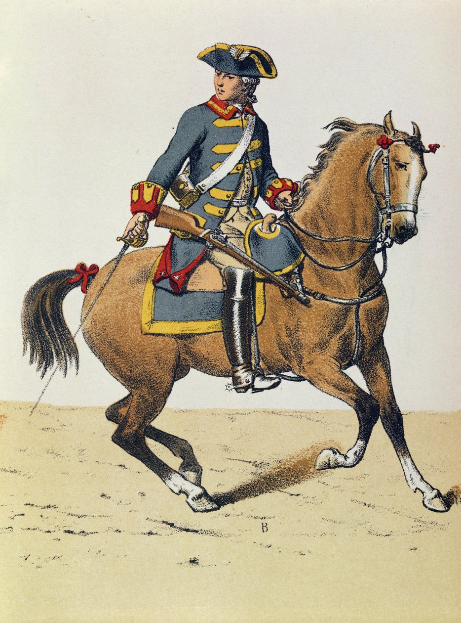 Politibetjent fra ca. 1750 montert på en hest, 1800-tallet (fargegravering) av French School