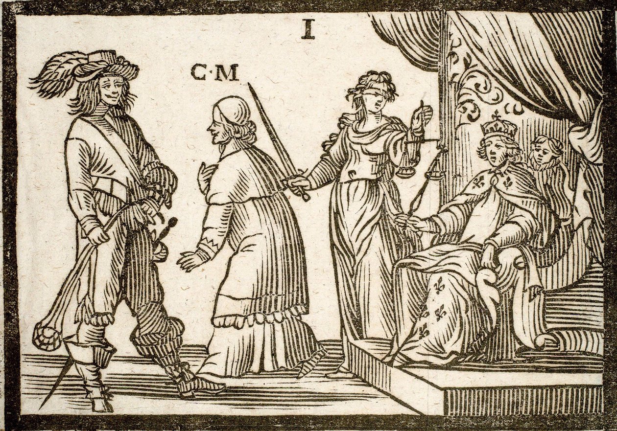 Politiske hefter Mazarinade: Mazarin forvist av Justice and Sling, forlater kongen (Louis XIII). Gravert tre 1651. av French School