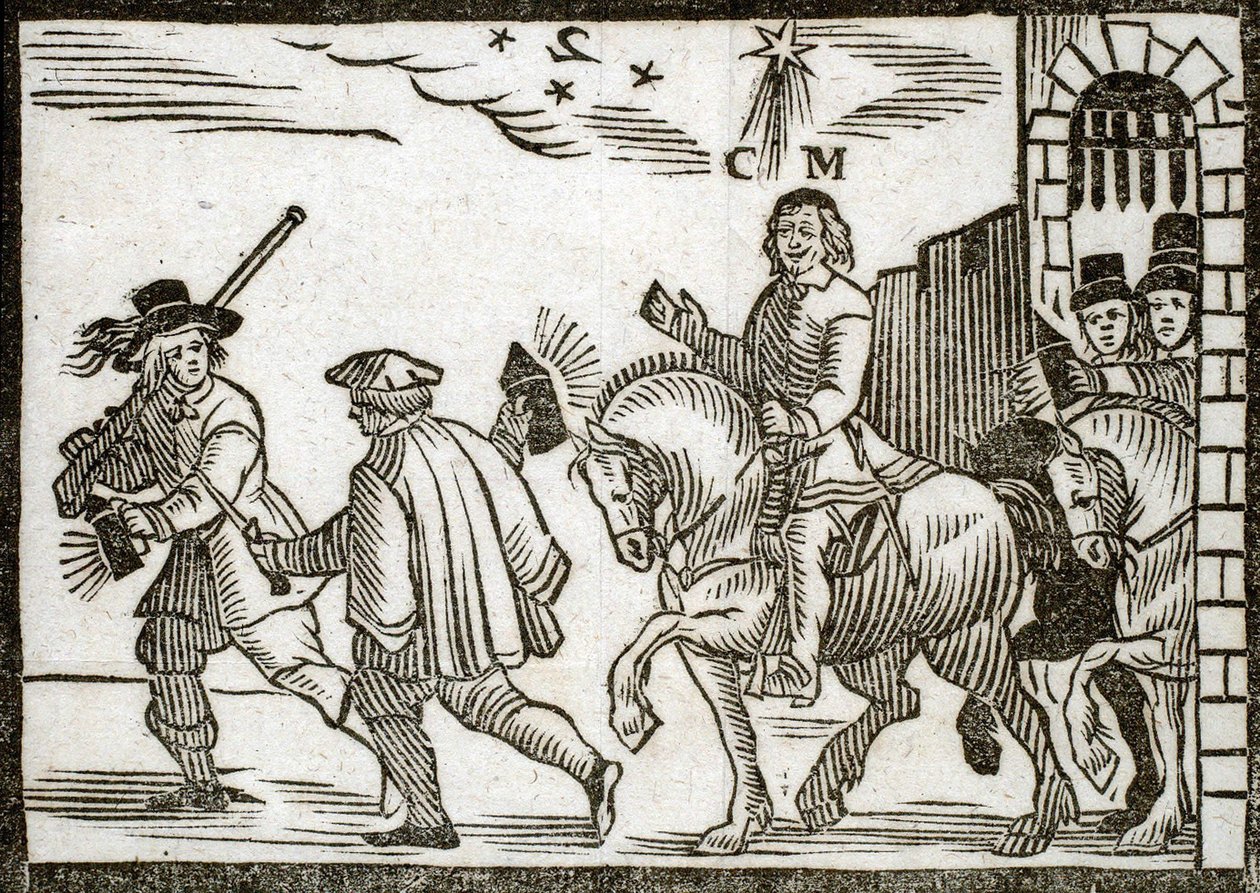 Political pamphlets Mazarinade: Mazarin flees from Paris on horseback, in the middle of the night, preceded by two valet carrying lanterns. Engraved wood 1651 av French School
