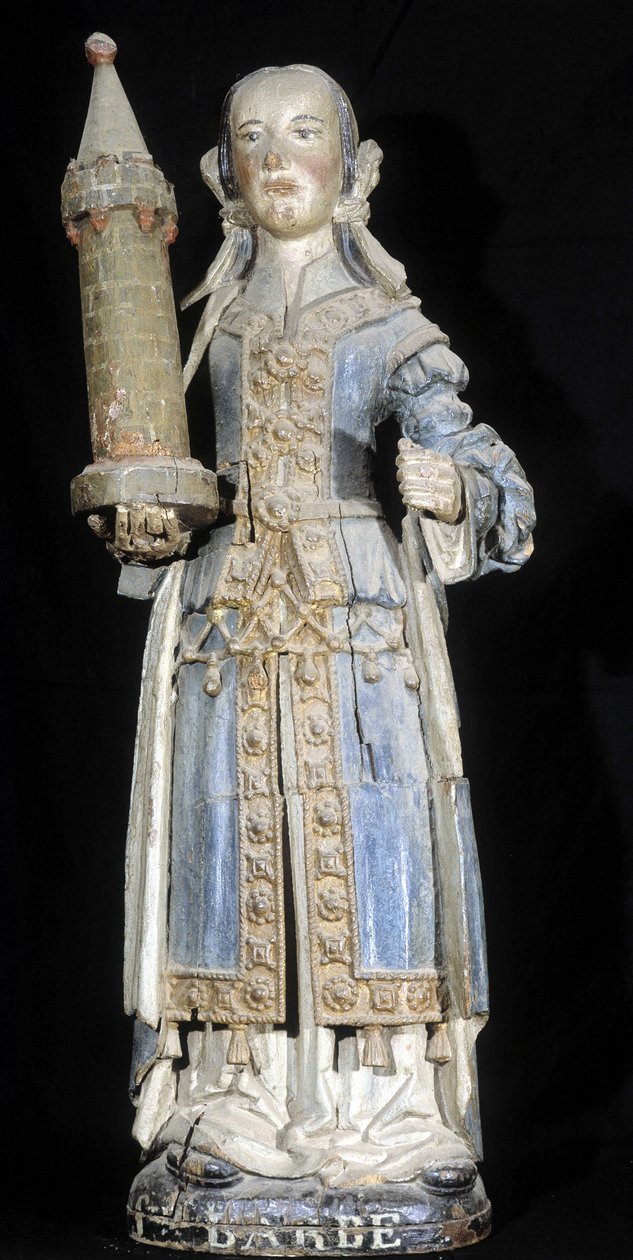 Polykrom treskulptur som representerer Saint Barbe (slutten av 1500-tallet), bevart på Museum of Dinan. av French School