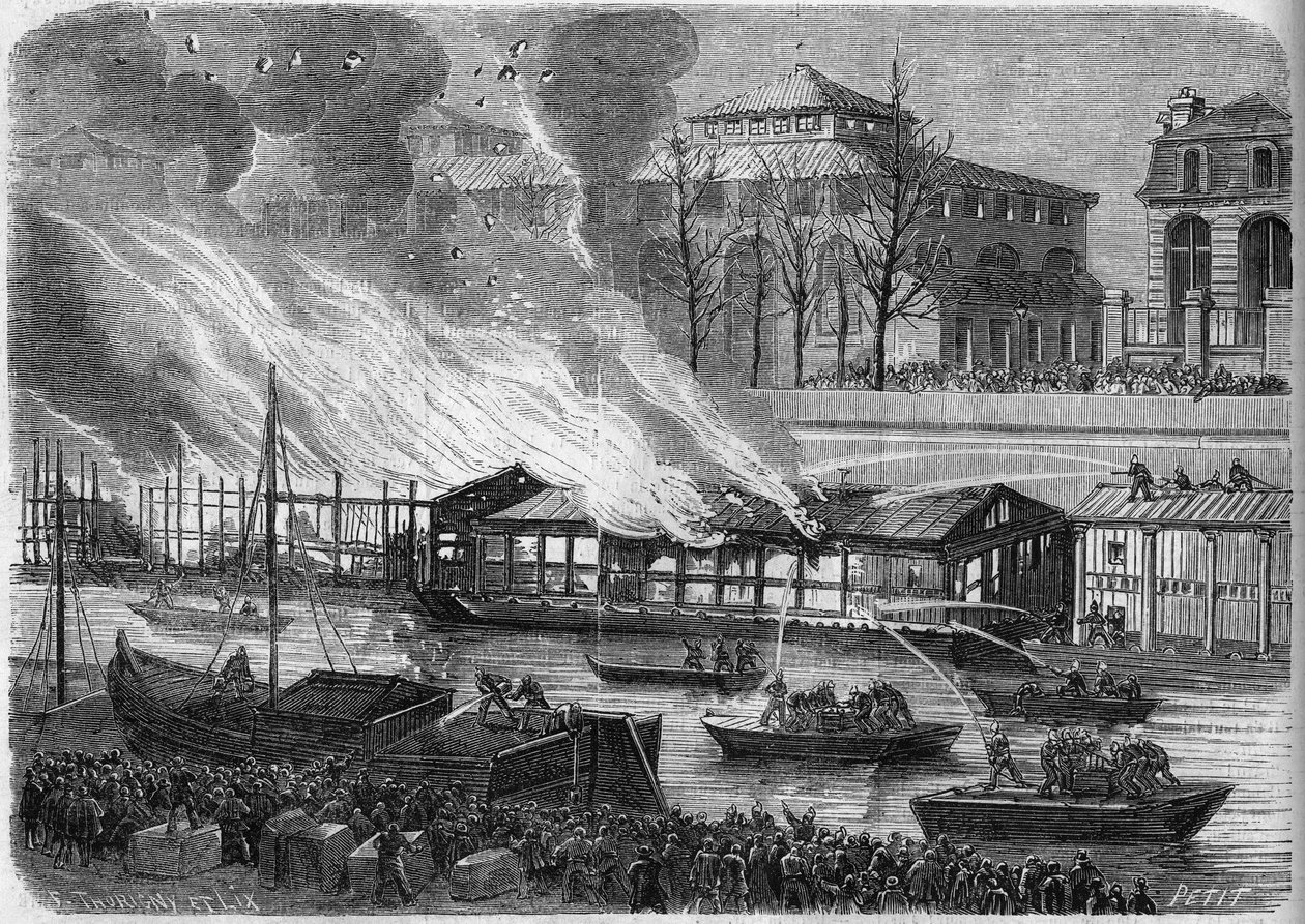 Brannmenn som prøver å slukke brannen i svømmeskolebåtene på Saint Martin-kanalen i Paris, 5. januar 1864. Gravering i ""Le Monde Illustre"" nr. 553 av 16. januar 1864. av French School