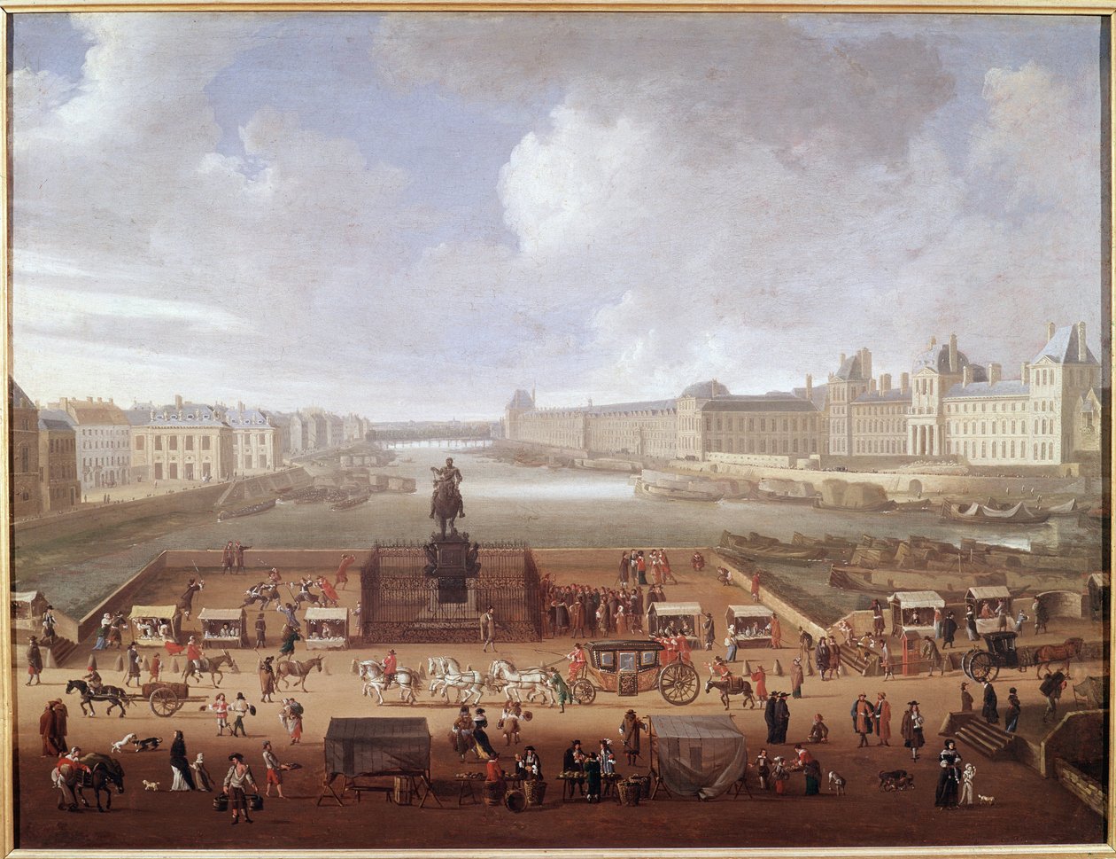 Pont-Neuf, Paris, sett fra inngangen til Place Dauphine som viser 4 Nations College, Quai Malaquais og Louvre (olje på lerret av French School