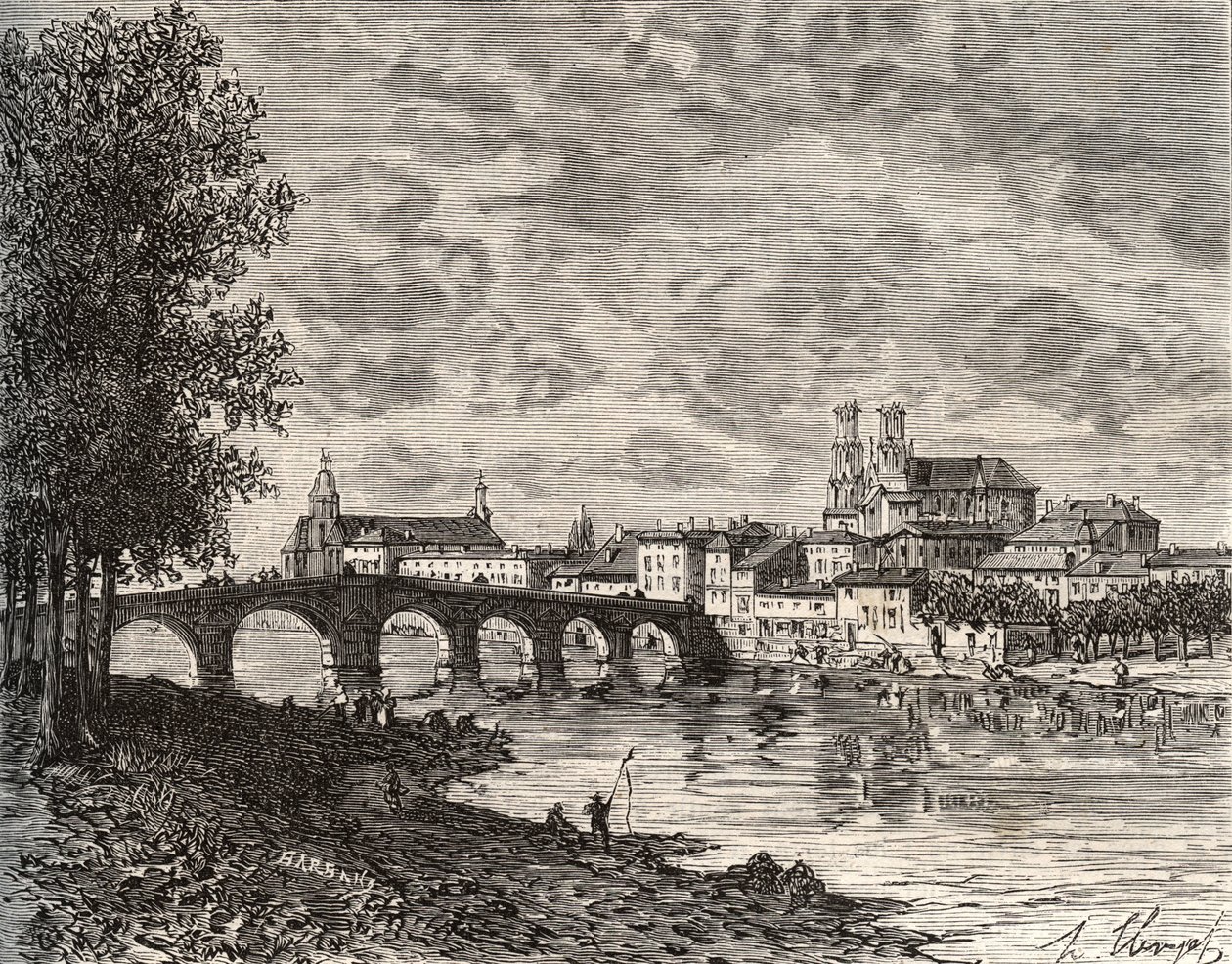 Pont-a-Mousson (Pont a Mousson) - Meurthe-et-Moselle - gravering i "Frankrike illustrert: geografi, historie, statistisk administrasjon" av V.-A. Malt brun. 1884 av French School