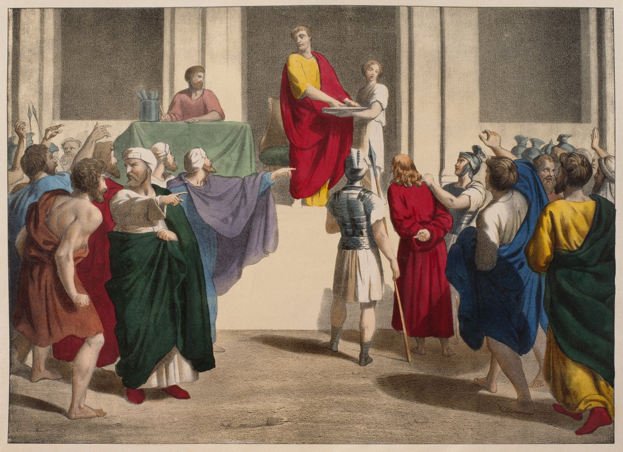 Pontius Pilatus vasker hendene for Jesus, illustrasjon fra en katekisme LHistoire Sainte, utgitt av Charles Delagrave, Paris, sent på 1800-tallet av French School