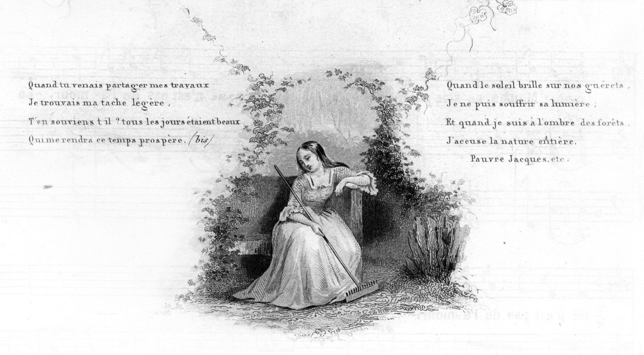 Poor Jacques. Girl alone sitting on a bench, holding a rake. Engraving in “” Chants et chansons populaire de la France””, Tome 2 av French School