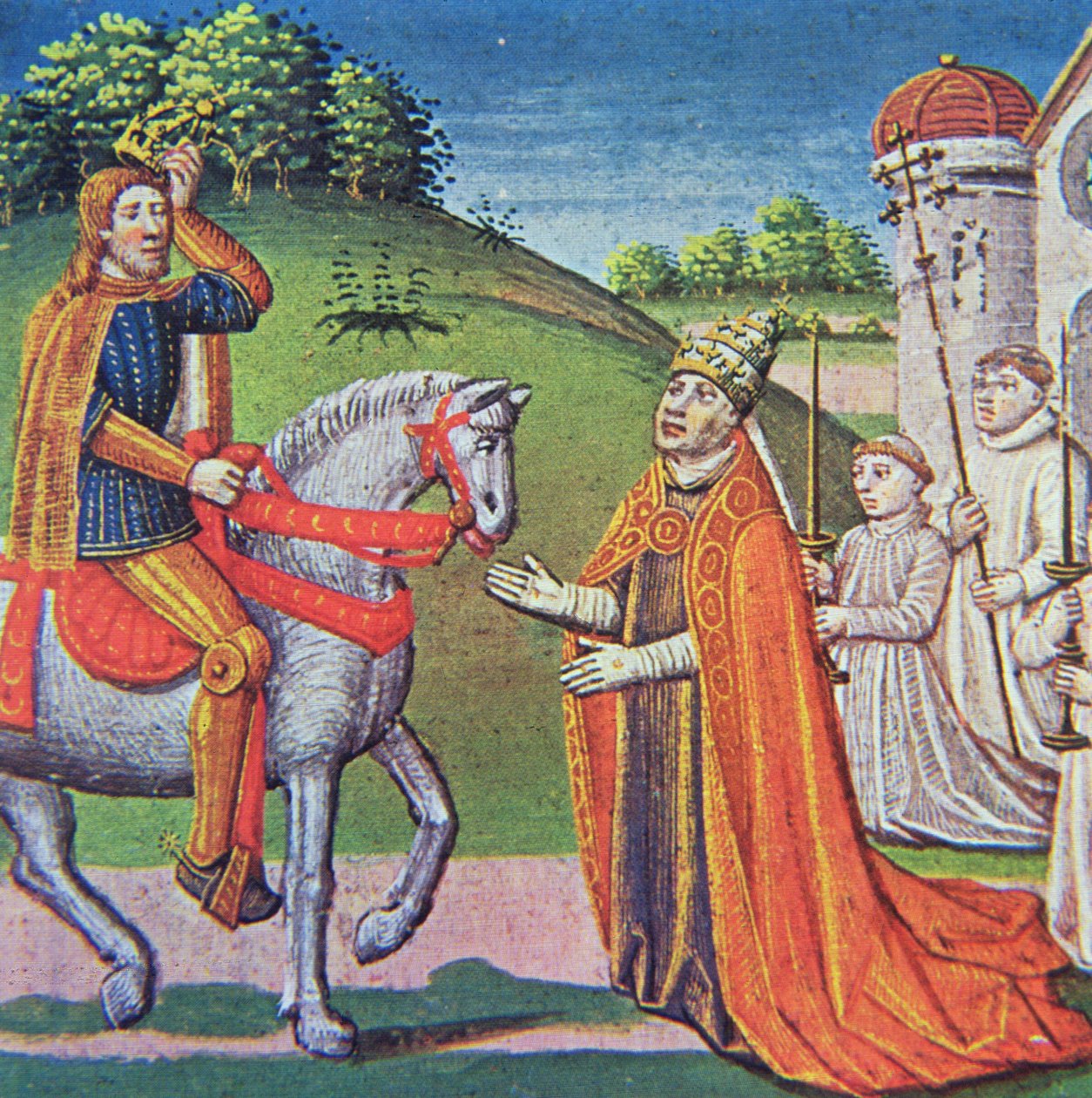 Pave Adrian I møter Charlemagne, miniatyr fra 