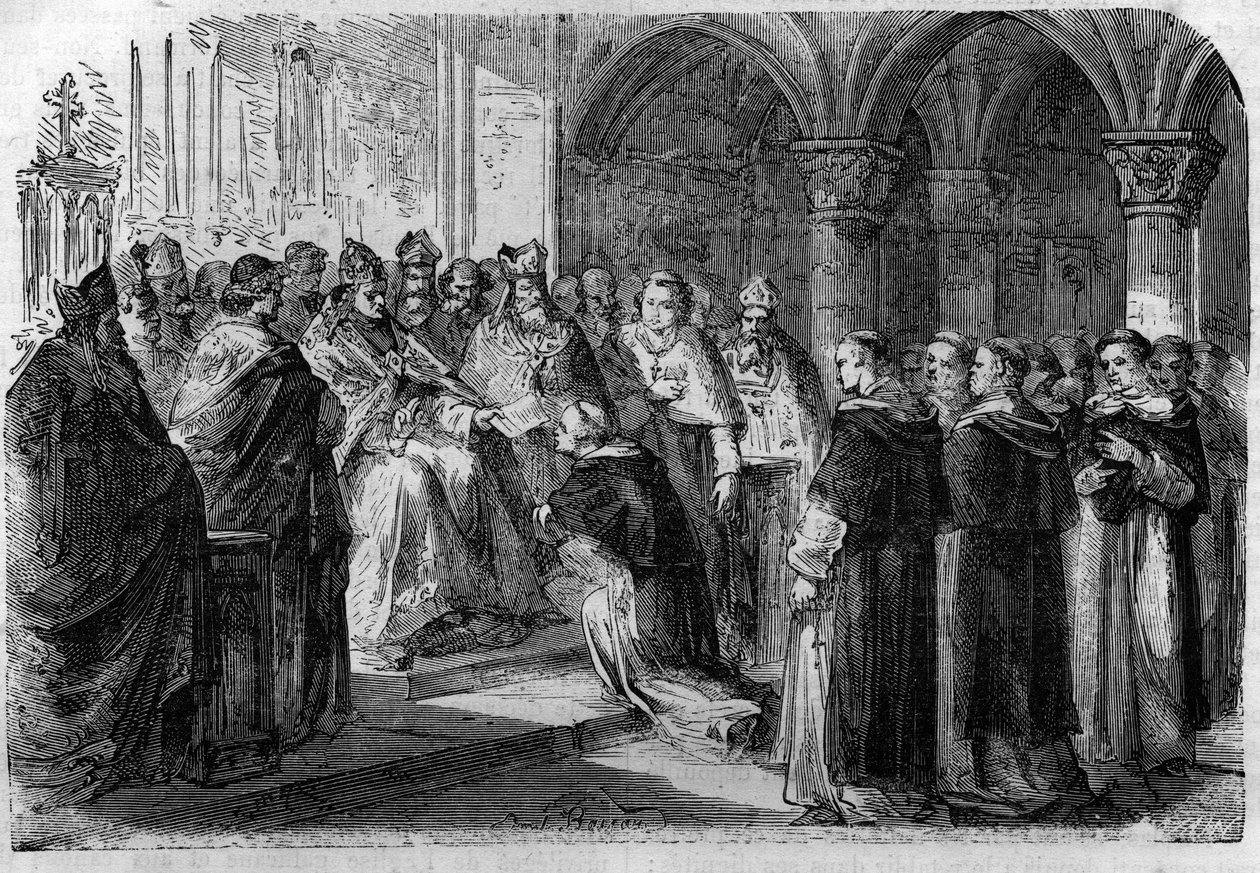 Pave Adrien II (792-872) overrakte en av sine legater en boble av ekskommunikasjon mot Lord Normand. Gravering i "Histoire des Papes-Rois-Queen and Empereurs a travers les centuries"" av Maurice Lachatre av French School