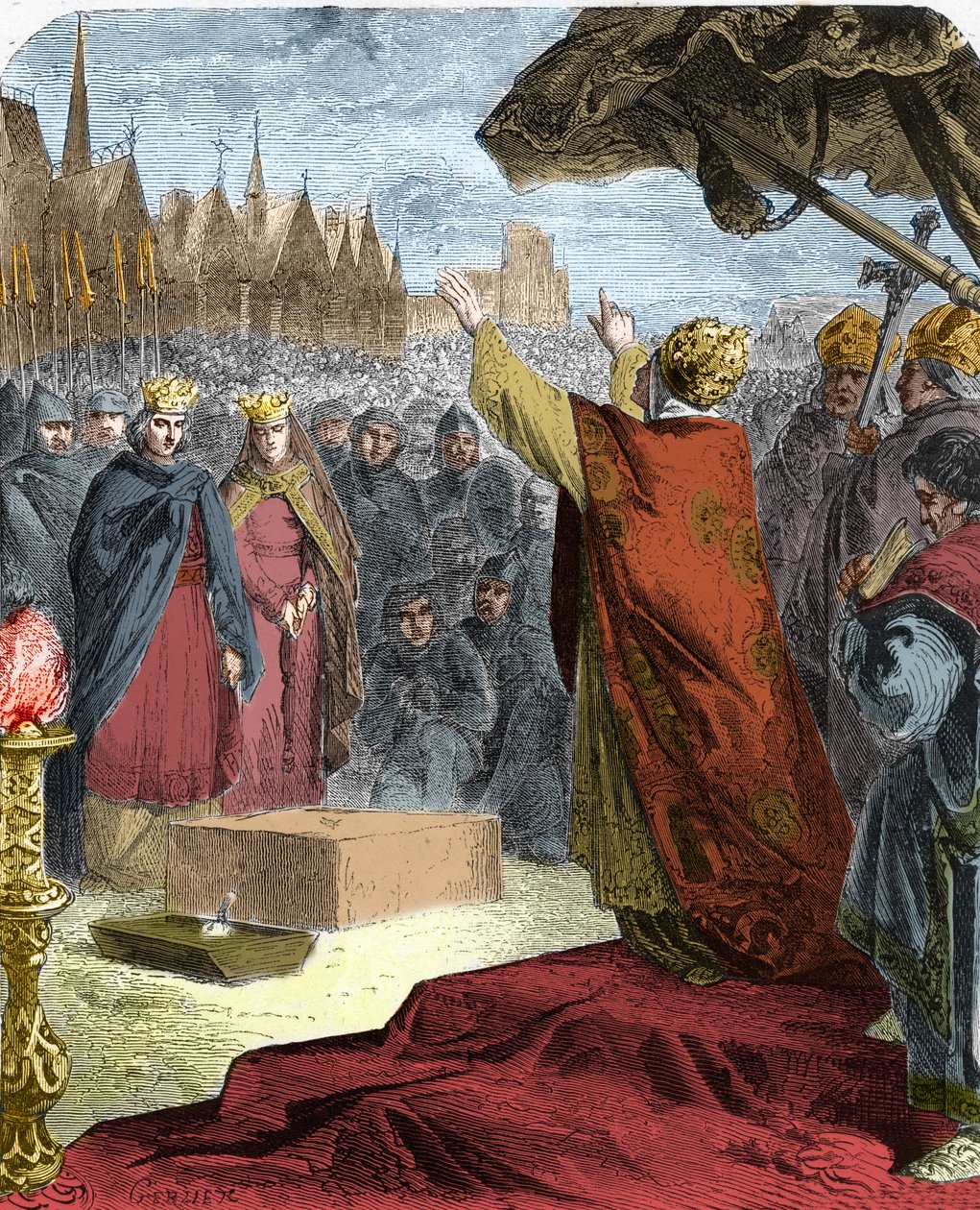 Pope Alexander III (Orlando Bandinelli) (Alessandro III) laid, in 1163, the first stone of the cathedral of Notre Dame de Paris (Notre-Dame) in the presence of King Louis VII of France and the eveque Maurice de Sully. av French School