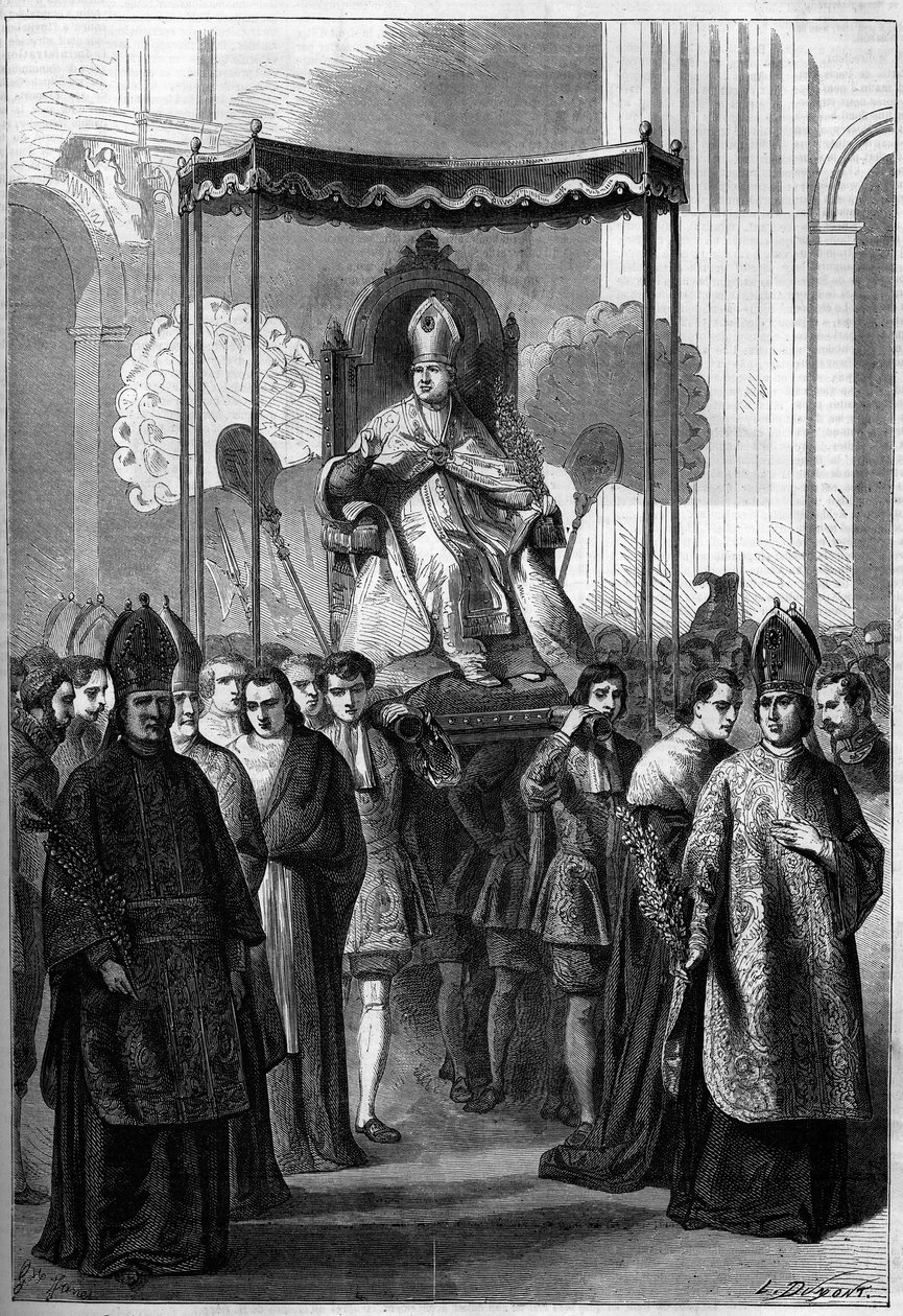 Pave Pius IX (1792-1878) bærer prosesjoner til St. Peter-kirken i Roma (Italia) på palmesøndag i 1861. Gravering i "" Le Monde Illustré"" nr. 209 av 13. april 1861. av French School