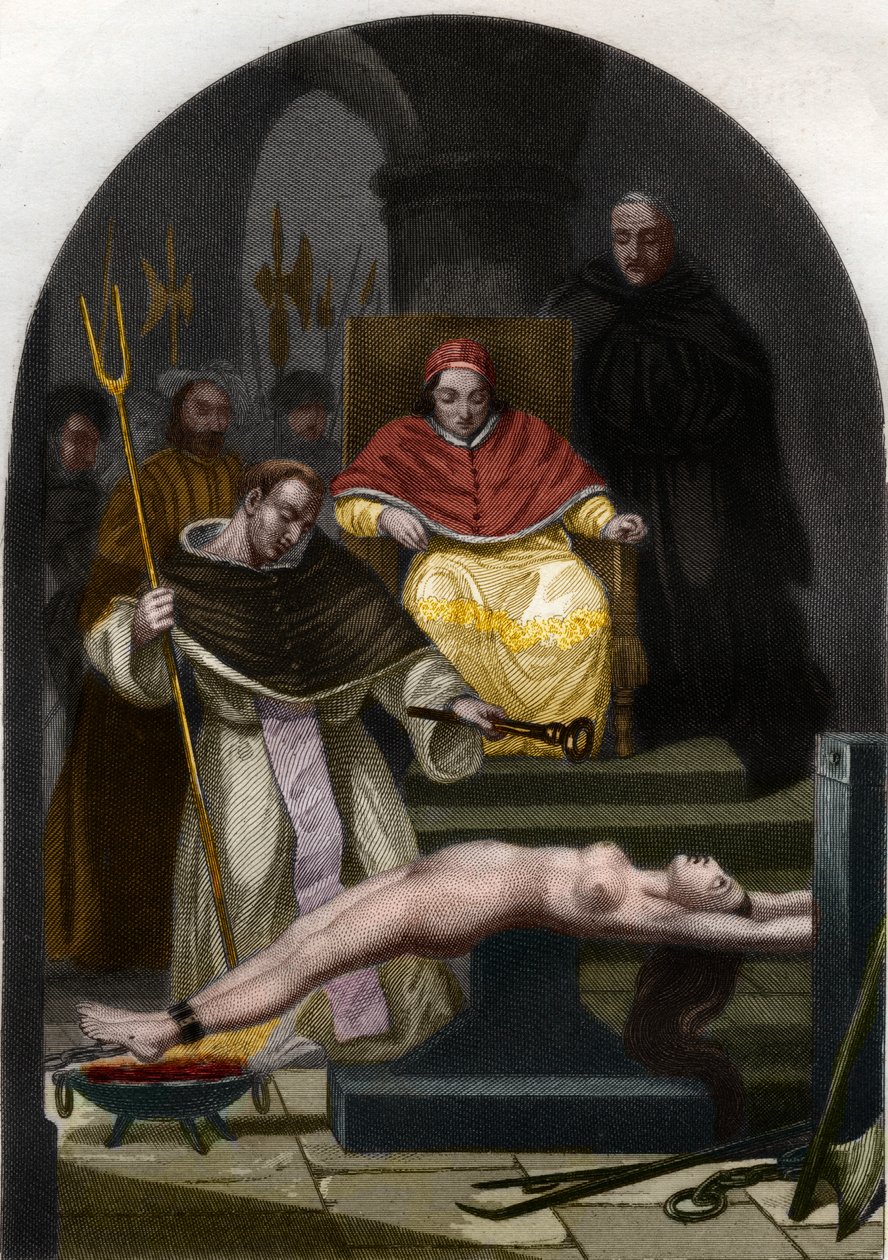 Pave Pius V presiderer over inkvisisjonsdomstolen. av French School