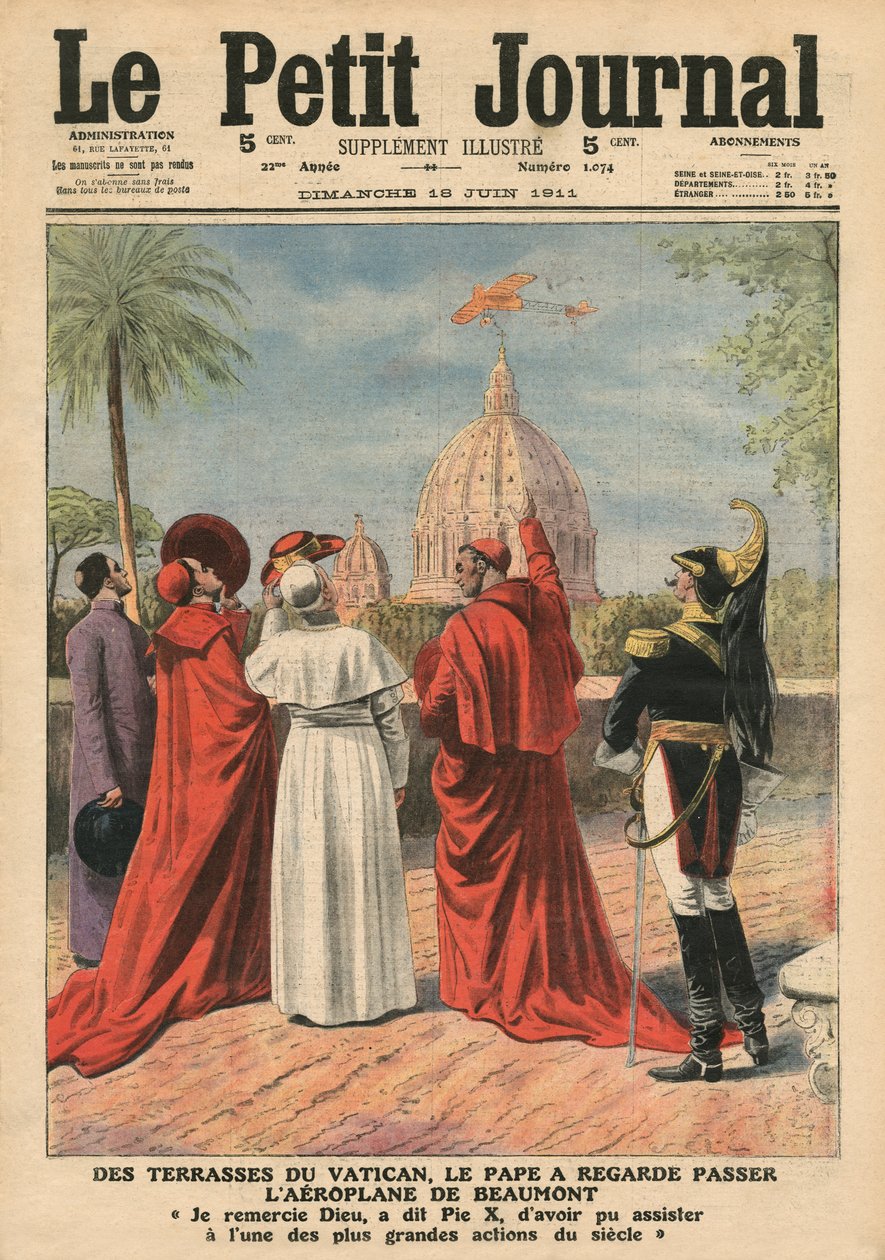 Pave Pius X ser på flyet til Andre Beaumont som flyr over Roma fra Vatikanets terrasse, illustrasjon fra 